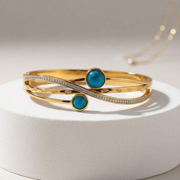 🆕️ Turquoise Serenity Bangle 18K Gold Plated Stainless Steel Boho Chic Jewelry - Picture 1 of 8